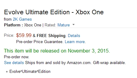 Evolve: Ultimate Edition была замечена на просторах Amazon