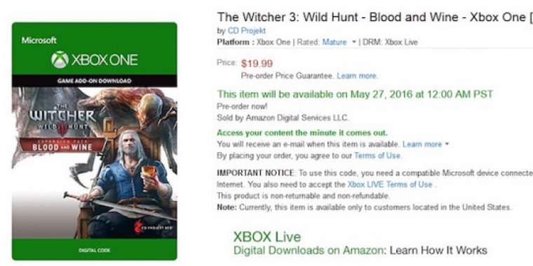 Amazon назвал дату выхода дополнения «Кровь и вино» для The Witcher 3: Wild Hunt